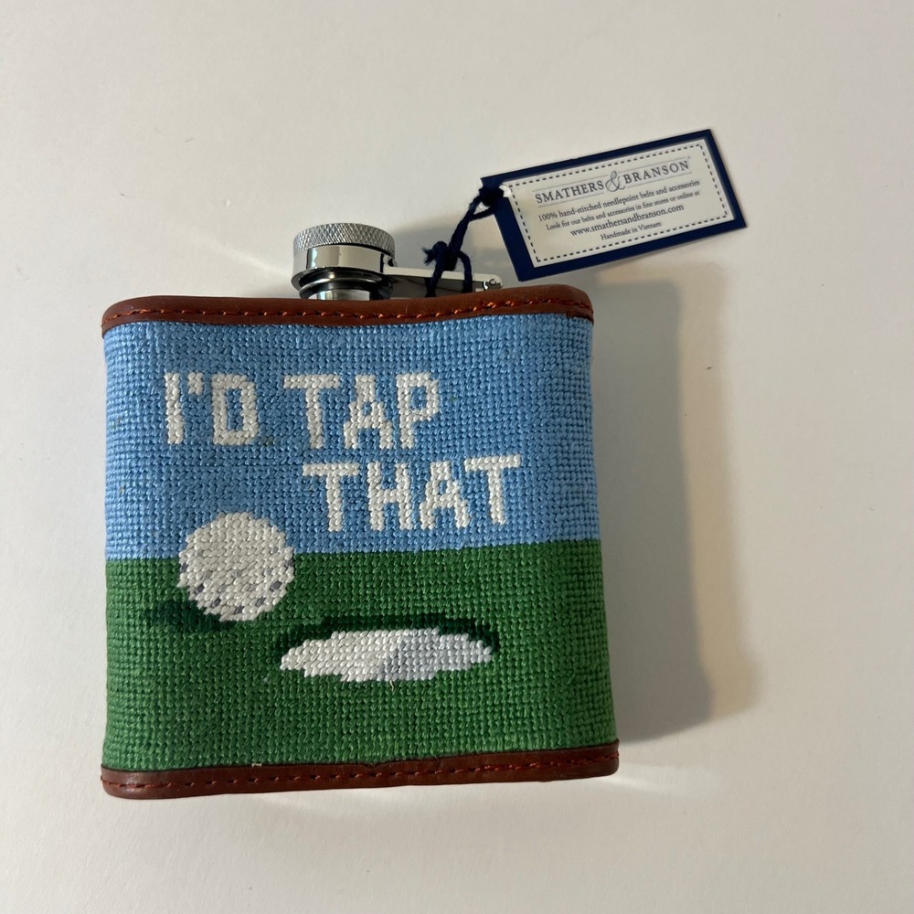 Smathers & Branson Hand Stitched Golf Needlepoint Flask I'd Tap That NWT 6oz